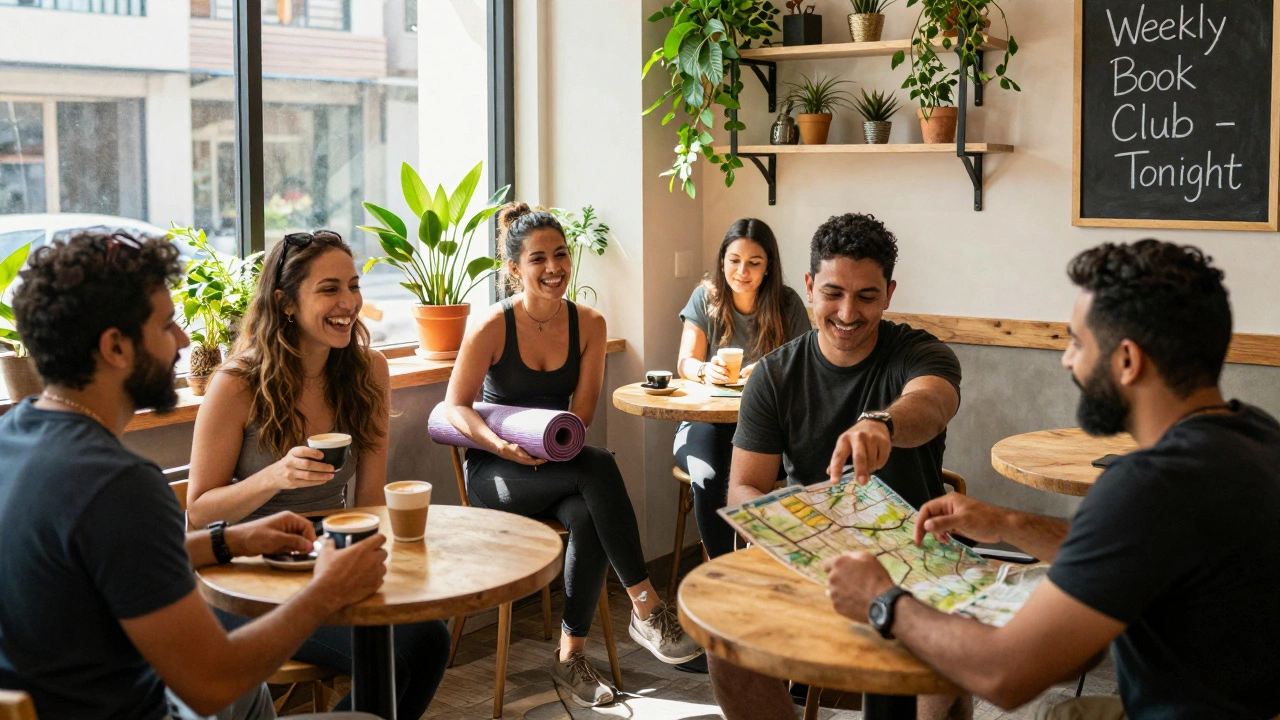 A diverse group of expats socializing in a sunny Dubai café, sharing coffee and conversation.