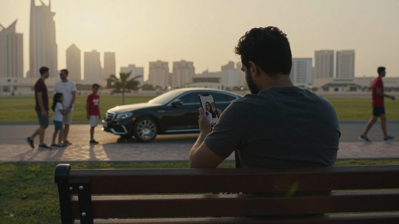An expat sitting alone on a Dubai park bench, staring at a phone while others enjoy the sunset around him.